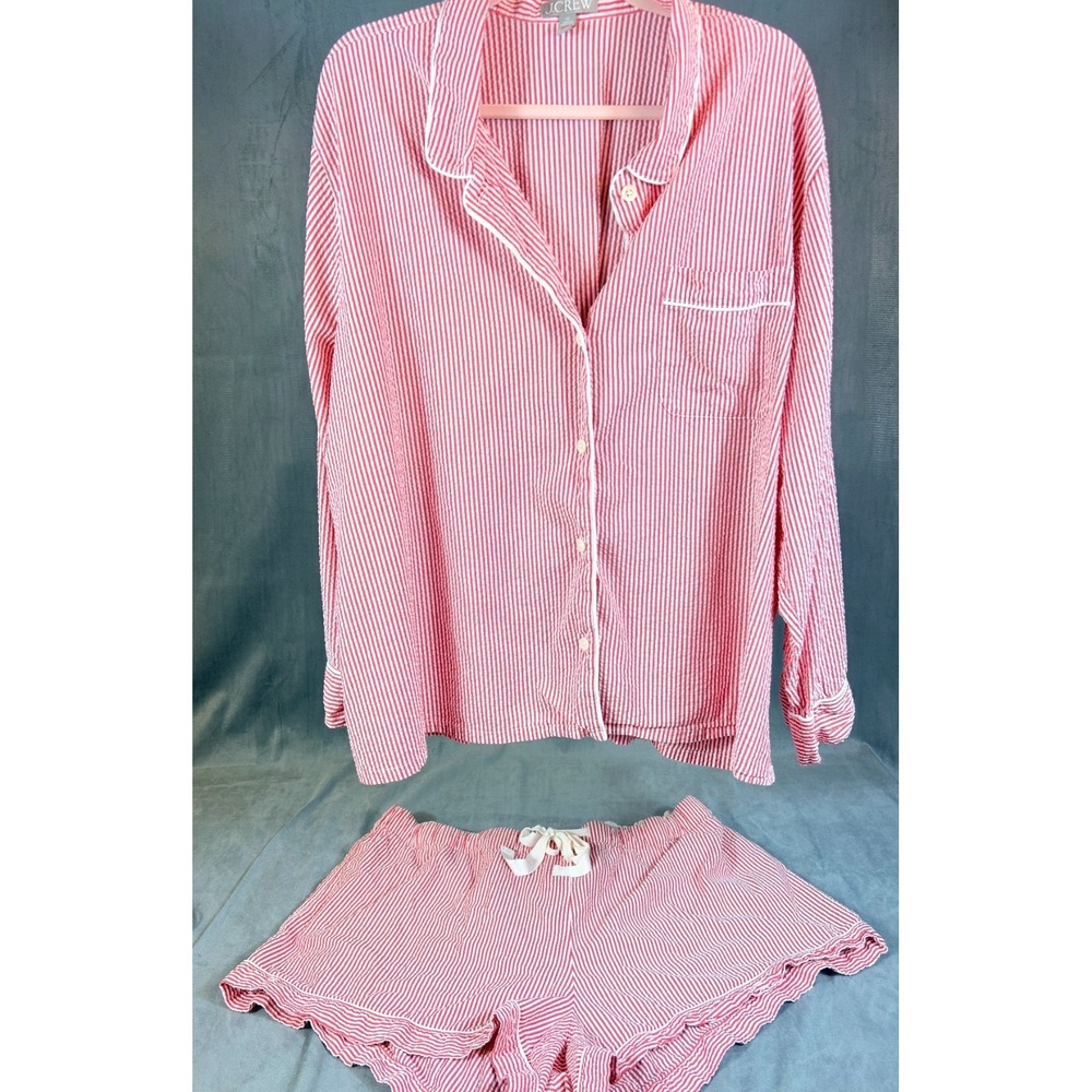 J Crew Seersucker Red White Pajama Lounge Set Long Sleeve Shorts Preppy   3X - Picture 2 of 16